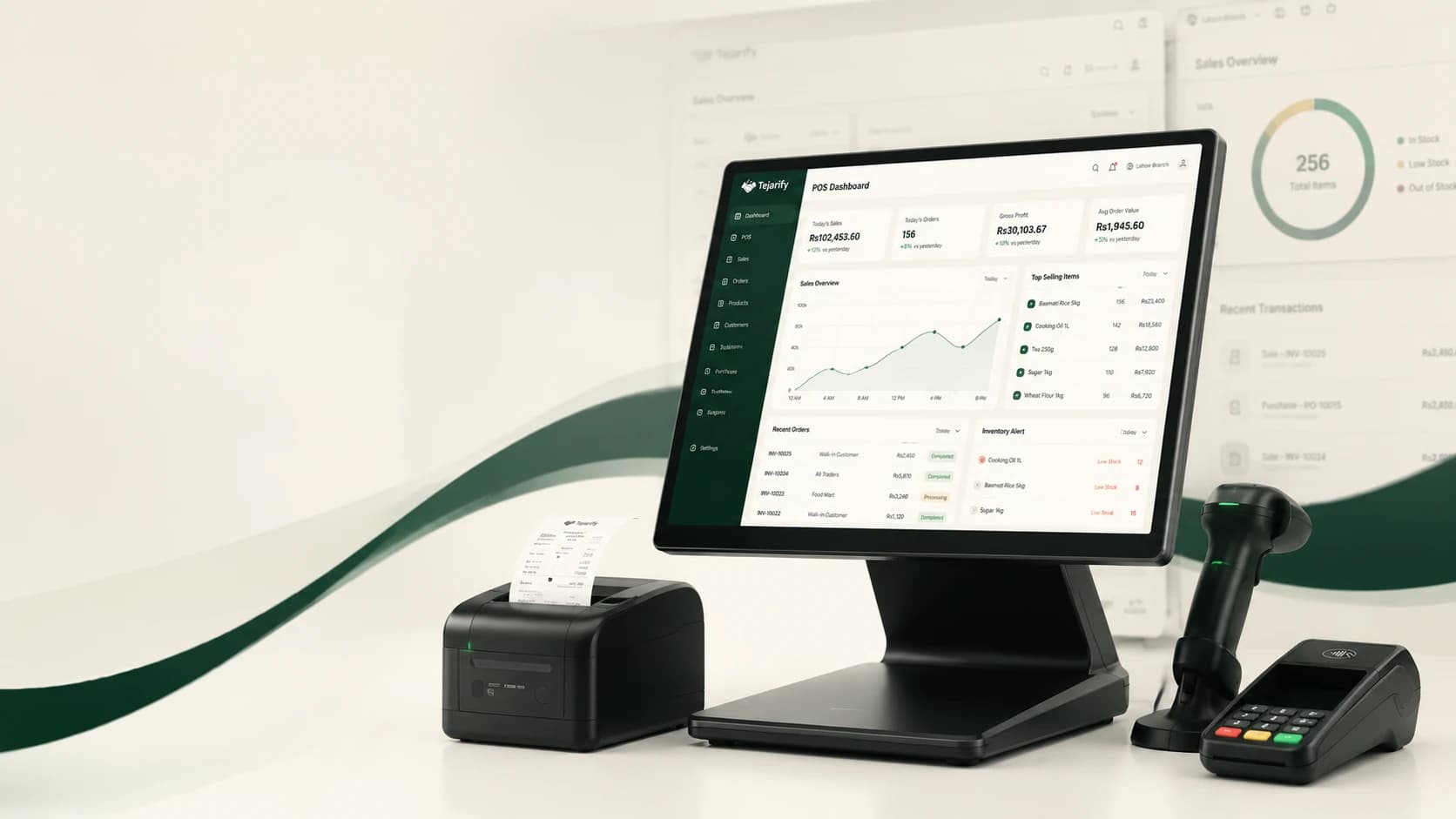 Tejarify retail POS terminal with receipt printer, barcode scanner and card reader.
