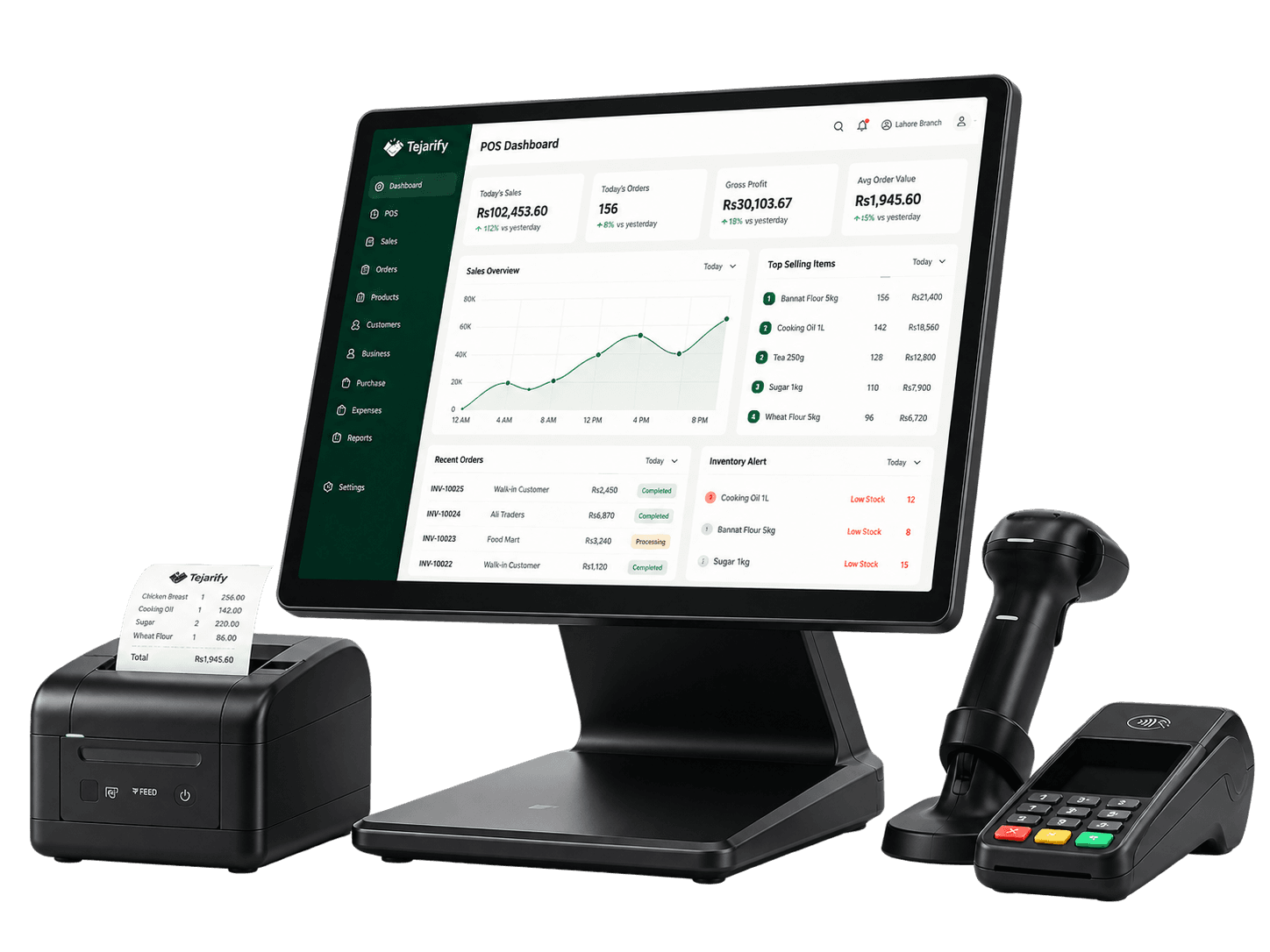 Tejarify desktop POS on a counter with printer and scanner
