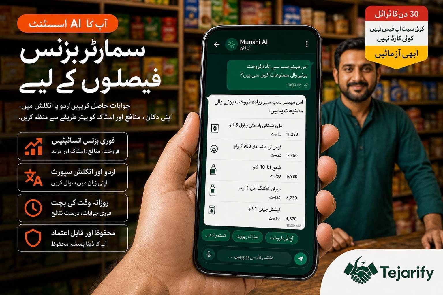 Munshi AI Urdu chat on a phone showing top-selling products, with a Pakistani karyana shopkeeper and Tejarify branding